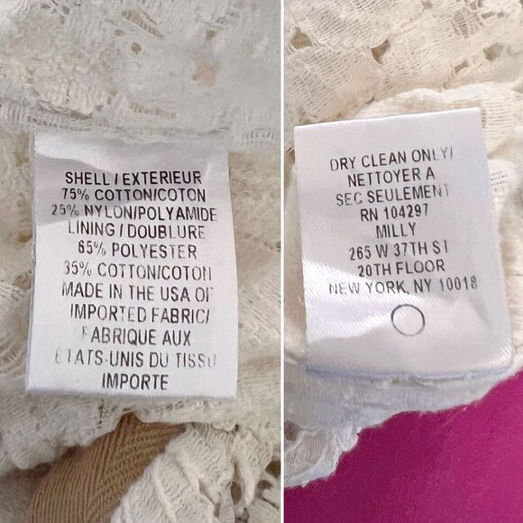 Milly White Floral Lace Top Size 12 Side Buttoned 3/4 Sleeves Cotton Blend - Picture 7 of 7